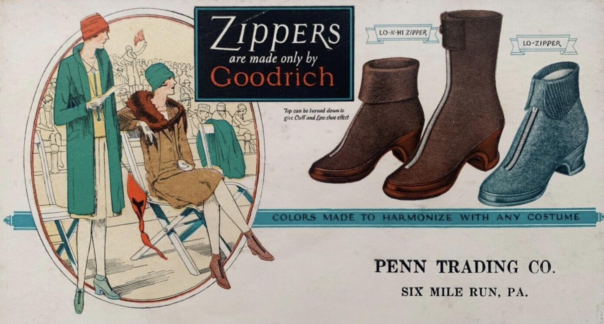 An advertisement for Goodrich zippers, showing a variety of styles for zipper-equiped boots to match ladies' gowns.