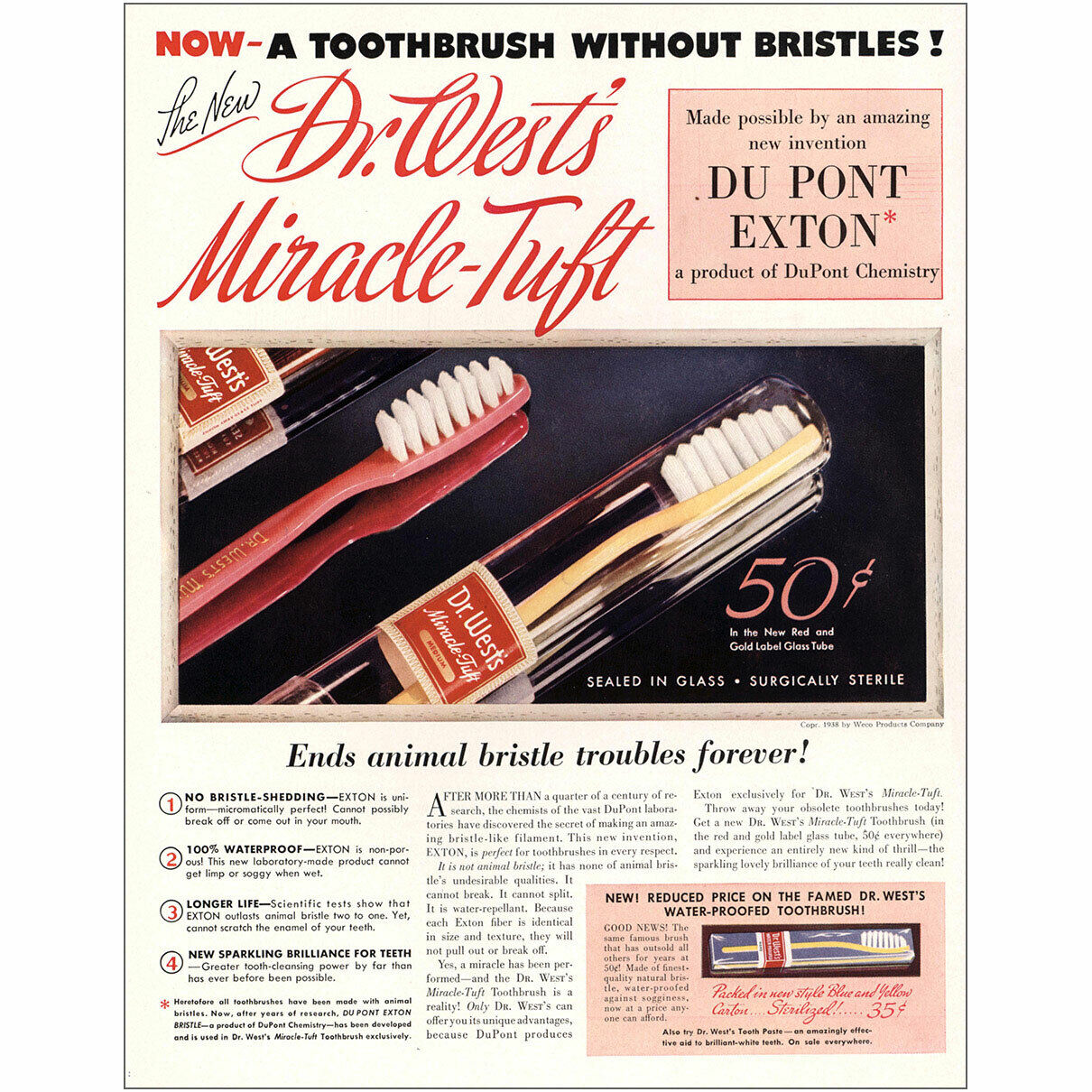 An advertisement for Dr. West's Miracle Tuft, quote, ending animal bristle troubles forever