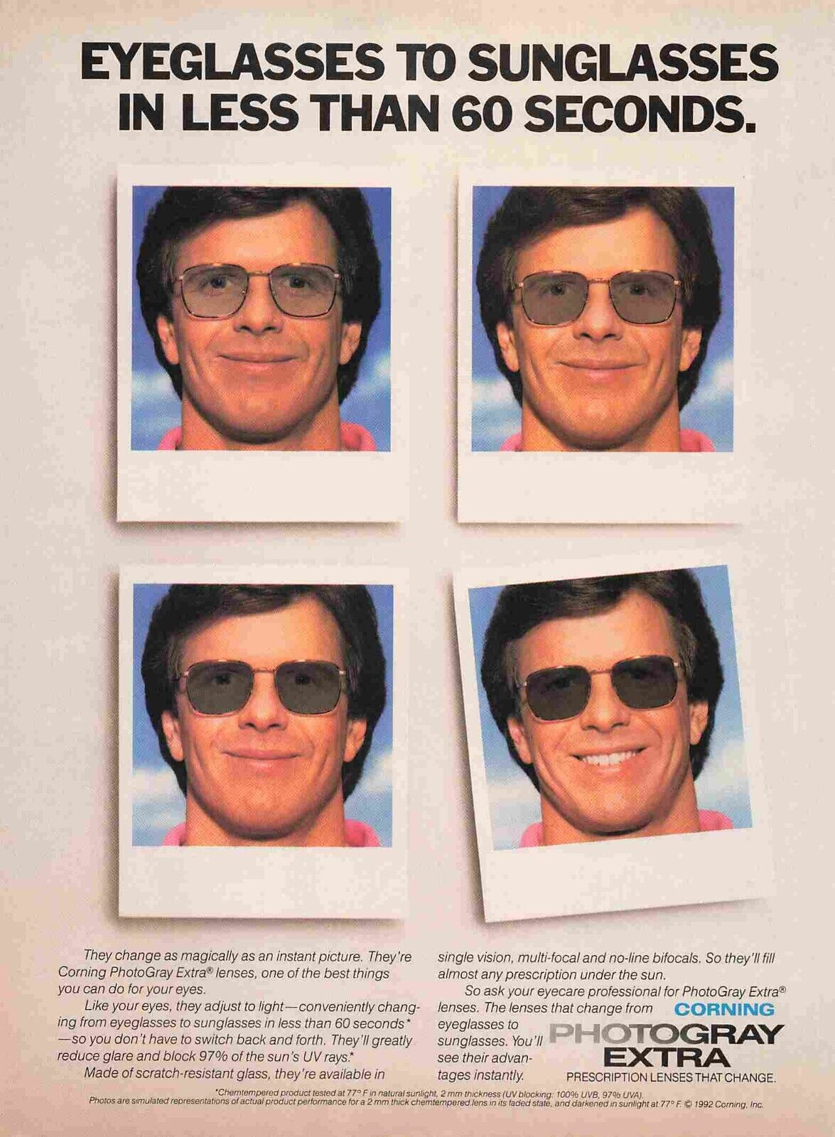 An advertisement for Corning's PhotoGray transition glasses showing four stills of a man with progressively darker lenses. The title reads, Eyeglasses to sunglasses in less than sixty seconds